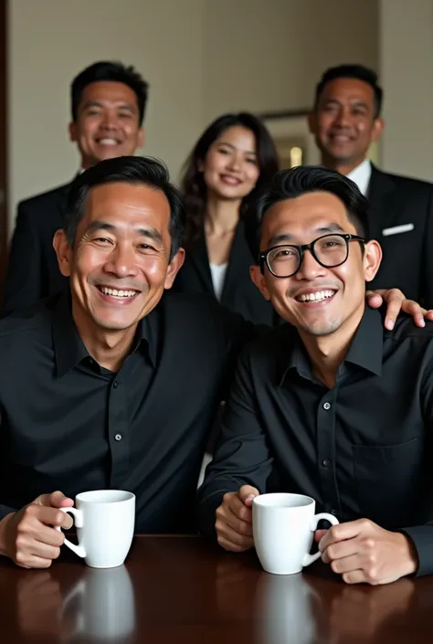 4D photo of joko widodo the president of indonesia ,  along with a handsome young man with glasses aged 30, sitting relaxed while enjoying a cup of coffee,  both wearing formal uniform black shirt , while smiling thin ,  behind there are 3 bodyguards weari...