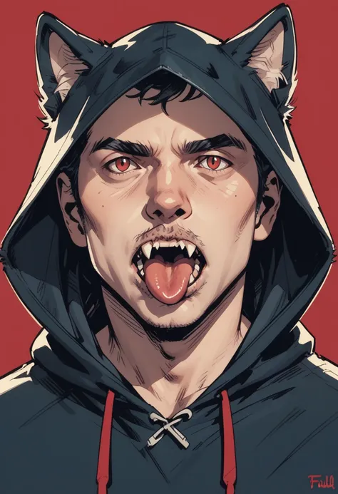 hood, wolf, hood up, red eyes, looking at viewer, 1boy, open mouth, fangs, male focus, animal, teeth, wolf boy, upper body, tongue, closed mouth, zPDXL3, detailxl,  Score_PnyReal,