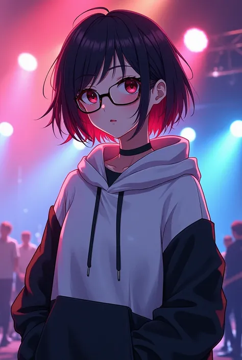 Short hair: Black with dark red gradient
Wear glasses
She wear a oversize white-black Hoddie style like Japanese style fashion
Make her look cool
Make the Environment tone look like a concert and bright

Anime style like music anime idol