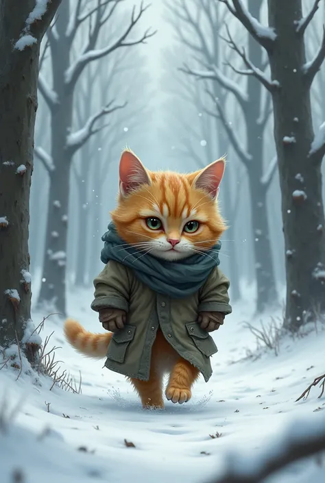 Winter in the forest.it  freesing .the yellow  cat is walking . The cat is cold his clothes is ripped