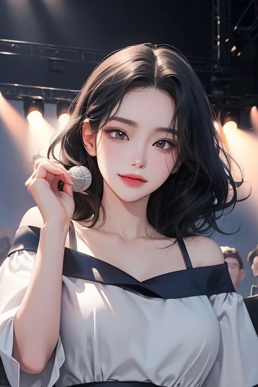 upper body, ((sing and dance on stage)),(best quality, ((masterpiece)), 8K resolution, Semi-realistic, cinematic lighting, beautiful detailed eyes), smile, cute,1 woman,korean,(dark blue medium curly hair),25-year-old ,off the shoulder, A woman wearing a m...