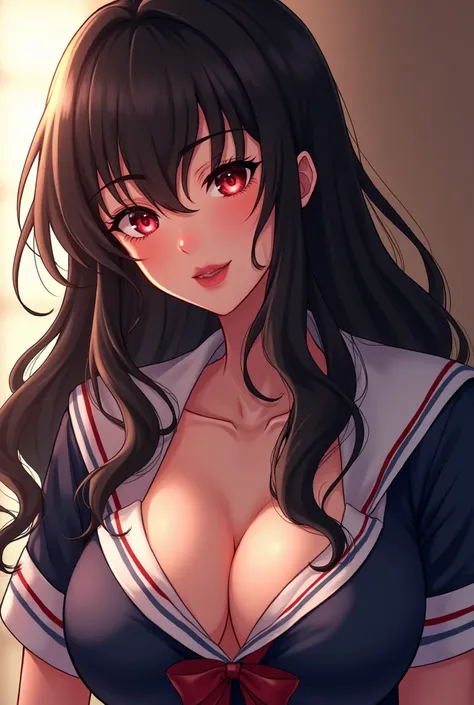 Sexy anime girl with medium breasts,  tanned skin, long curly black hair,  thick pink lips, eyes with heart-shaped pupils in school uniform 
