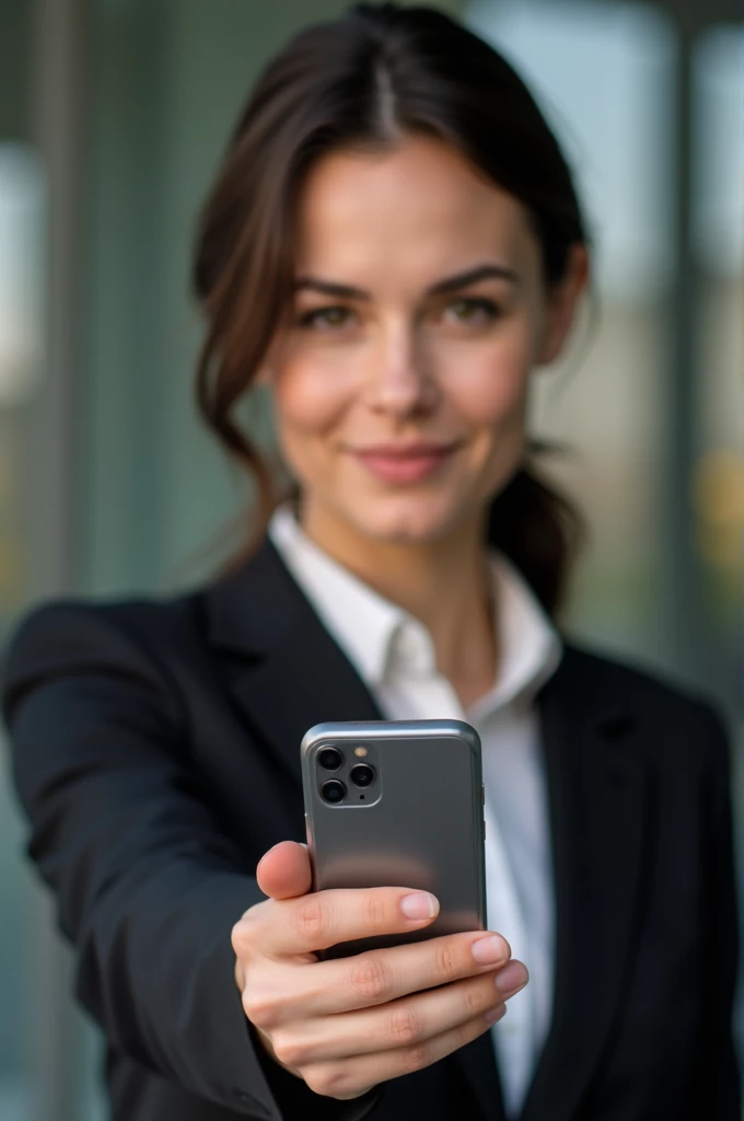 A polish and confident business he holds a smartphone close to the camera