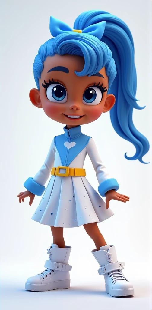 Yarel, pj masks OCs, normal skin, blue ponytail hair, blue Headbow, white suit with blue heart symbol, Yellow belt, white skirt with star spots sprinkles, white shoes with star laces, pj masks 2d style,