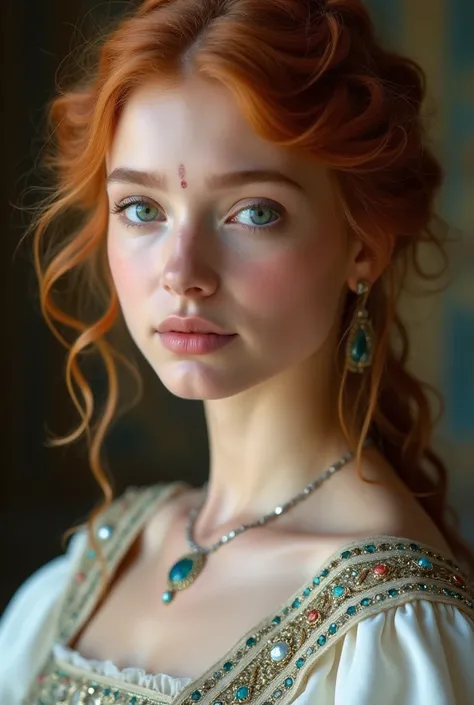 Byzantine princess, strikingly beautiful girl, coppery blonde hair, deep upturned turquoise eyes, gentle dreamy look, plump lips, plump cheeks, modest, white and silver embroidered dress, decorated with precious stones, complicated hairstyle, she has sleep...