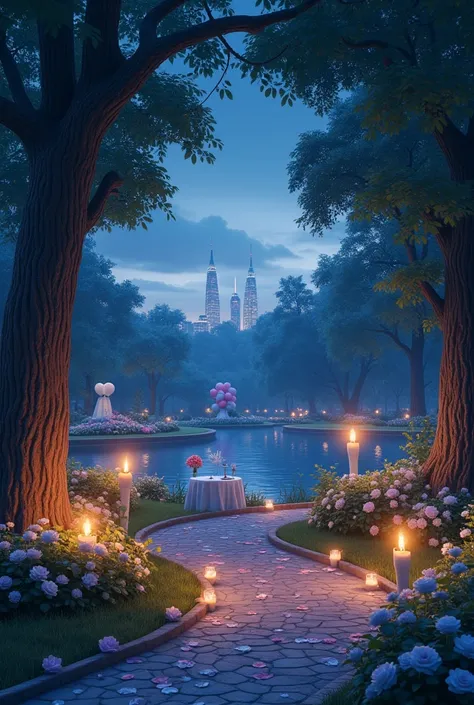 A park with trees and lights that decorate it: a path of torches and white ,  pink and blue rose petals scattered along the way and, at the end, some arrangements of balloons and a romantic table with a lake nearby and a city in the background at night