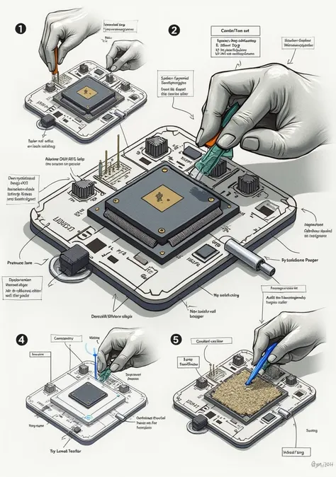 Make a sketch of a proposal where a motherboard of an electronic injector test bench was fixed, detailing that the repaired part was a microchip, Remember to do it in the form of a sketch or steps to follow