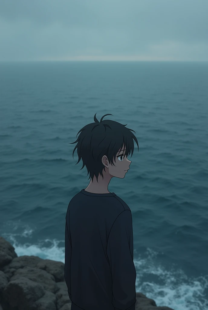 Anime mans sad face looks at the ocean