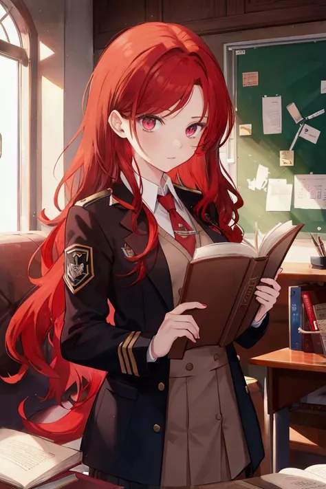 guy with red hair, eyes collected in a low tail are brown-reddish, with a book in her hands ,  in a school academy uniform , with patches , , the lip is slightly broken 