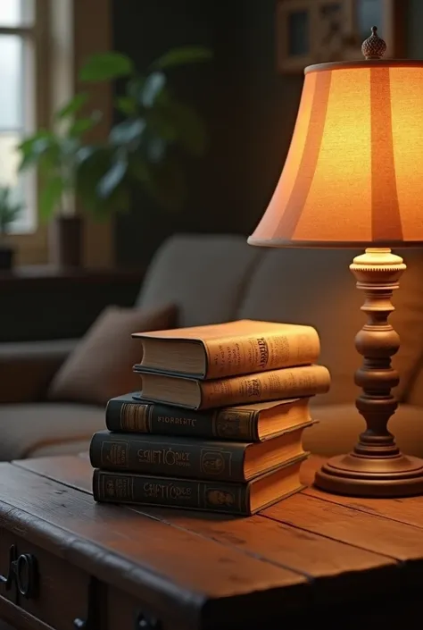 a stack of books placed on a table next to a reading lamp