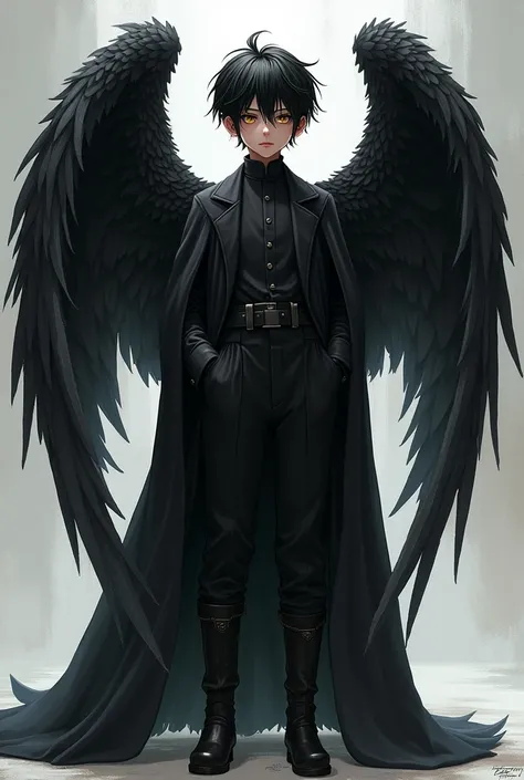  Boy with short frayed black hair ,  realistic style, golden eyes, Black angel wings, dressed in a long black cover , black mao style shirt ,  long black pants and black boots.