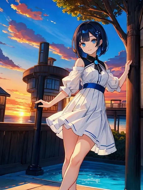 Like a game cover、background（aquarium、Sunset Sunset 、 blue sky、blue and black contrast、Date Scene）、 pose（ dynamic ）、 character（Tree Eyes,Sparkling blue eyes）、Hairstyle（ medium hair ,  black and blue hair、 medium hair ,）、clothing（  fashion illustration, whi...