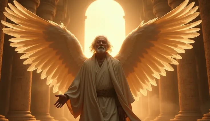 a man angel descending in ethereal light,beautiful detailed face,beautiful detailed eyes,beautiful detailed lips,extremely detailed feathered wings,old man,ark,blueprint,divine inspiration,cinematic lighting,epic scale,dramatic composition,glowing aura,vol...