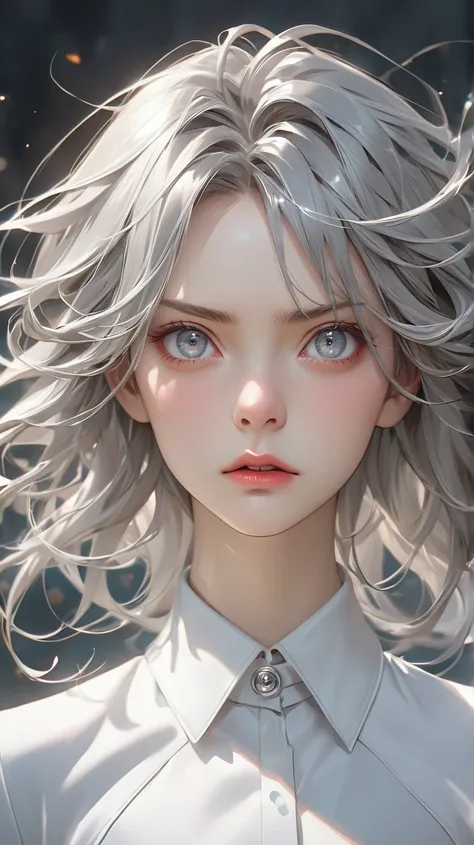 Super realistic suit , 長いhair,   Serious gray-eyed woman  , emphasizes gorgeous hairstyles/hair, ,  Shiny hair,  bright eyes ,   Strong emotion dwells in the eyes  ,   thin brush , 