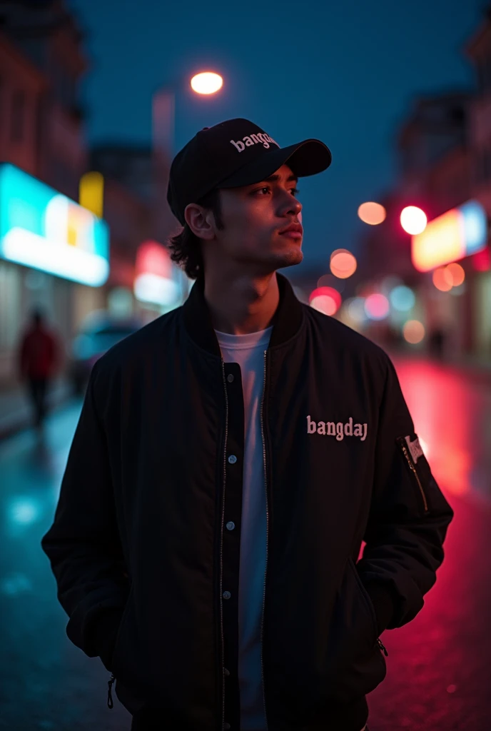  Wallpaper the atmosphere of the night by showing a young man wearing a bomber jacket and baseball cap with the name bangday,  The man appears to be enjoying the night , 4k resolution, mobile phone screen size 