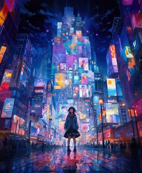 "An ultra-realistic 8K artwork featuring an anime girl standing in the center of Times Square. Surrounding her are towering buildings, including the UN headquarters, adorned with vibrant posters and digital advertisements. The metallic floor is wet from ra...