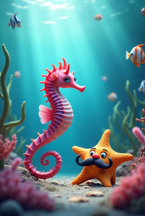 Pink seahorse and a starfish with a mustache