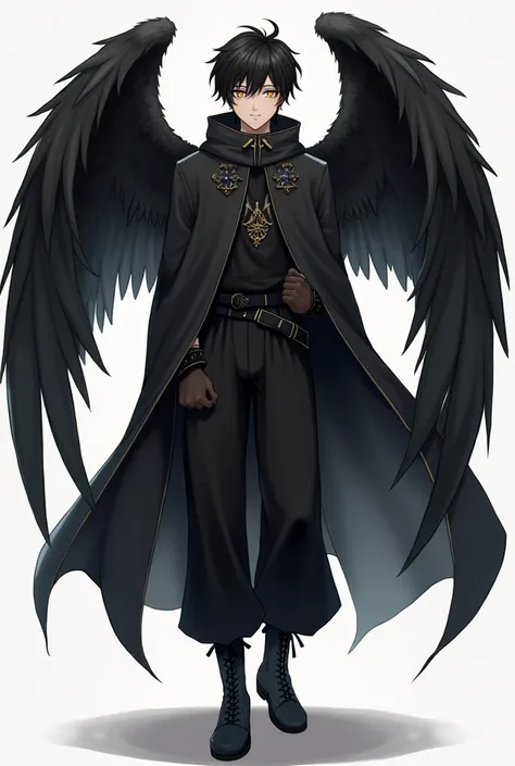  Boy with short black hair frayed,  realistic style ,  golden eyes , black angel wings,  dressed in a long black cover , black mao style shirt ,  long black pants and black boots.  Zhong Li style by Genshin Impact .