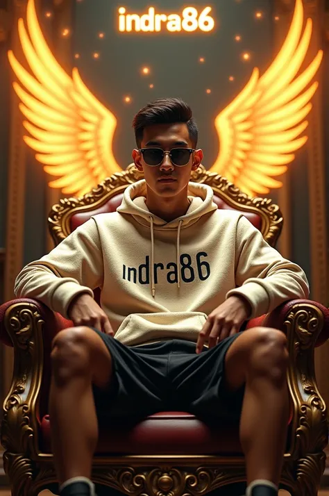  realistic 4D photo of 30 year old guy . middle part hair .wearing sunglasses. wearing Indonesian batik patterned cream color hodie and on the front it says indra86 . wearing black shorts . jordan shoes white color . is sitting in the kings chair . betback...