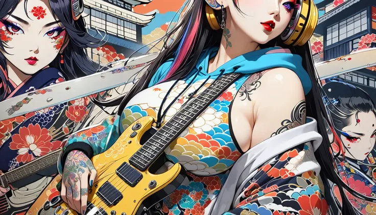 (masterpiece, ultra detailed,best quality,,((plain  BACKGROUND ))) (((1 girl))), (((Flashy makeup))), (((Japanese style headphones))),(wearing SUNGLASSES),((metal guitar )),((2 sword at back)) (((MULTI COLOR japan pattern HOODIE ))),BIG boob,(((TATOO))), J...