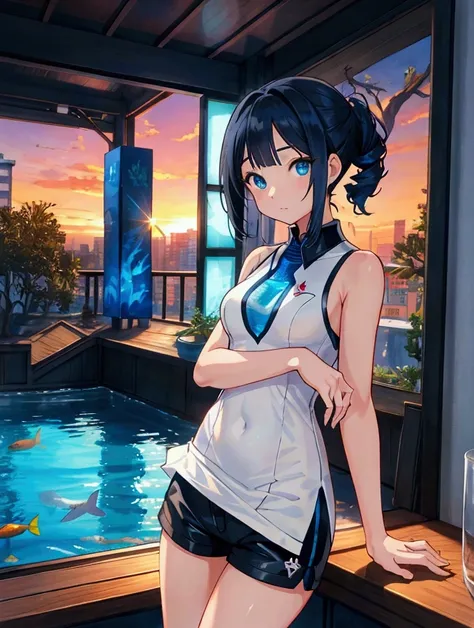 Like a game cover、background（aquarium、水槽が見える、Sunset Sunset 、blue and black contrast、Date Scene）、 pose（ dynamic ）、 character（Tree Eyes,Sparkling blue eyes）、Hairstyle（ medium hair ,  black and blue hair、 medium hair ,）、clothing（  fashion illustration, white ...