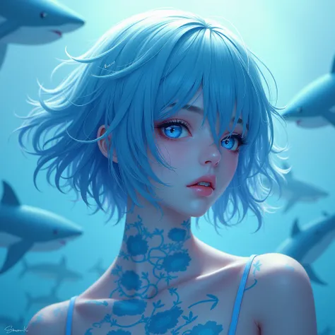 ( Detailed explanation ) ( top quality)  Great white shark motif ,  short hair、 blue and light blue gradation hair color、