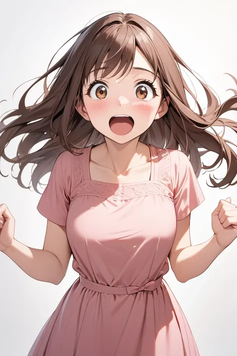 1girl, solo,long hair, brown hair, brown eyes, short-sleeved pink Dress,standing,amazed, surprised,glad, excited,surprised, smiling,high quality, masterpiece, best quality, absurdres,from front, front view,white background,