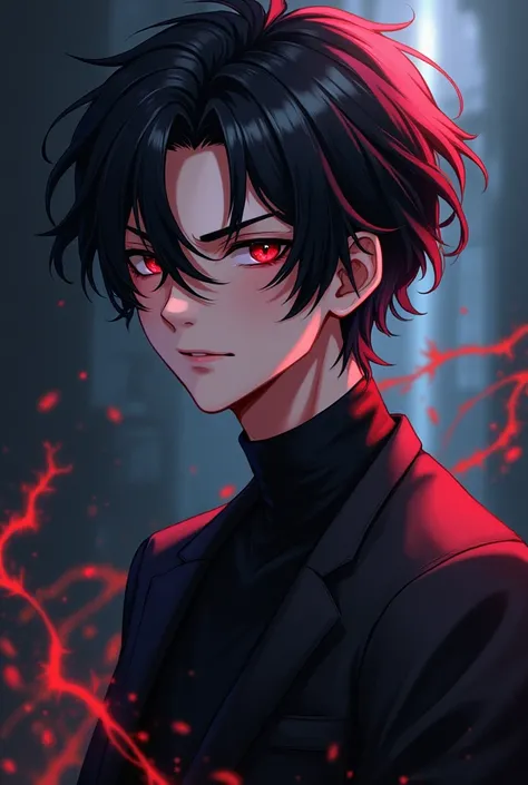 Handsome anime boy with dark black hair, crimson eyes and a telekinetic aura, dark clothes and a scar on his right eye 
