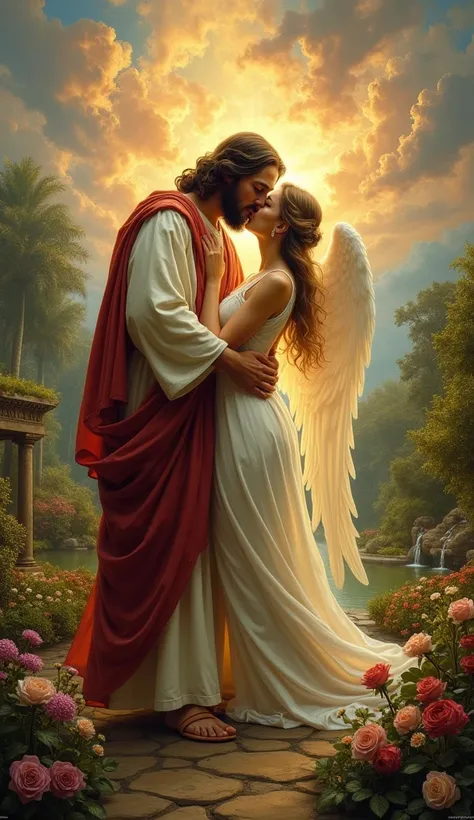 Jesus kissing a , in a beautiful gardan, sky very beautiful