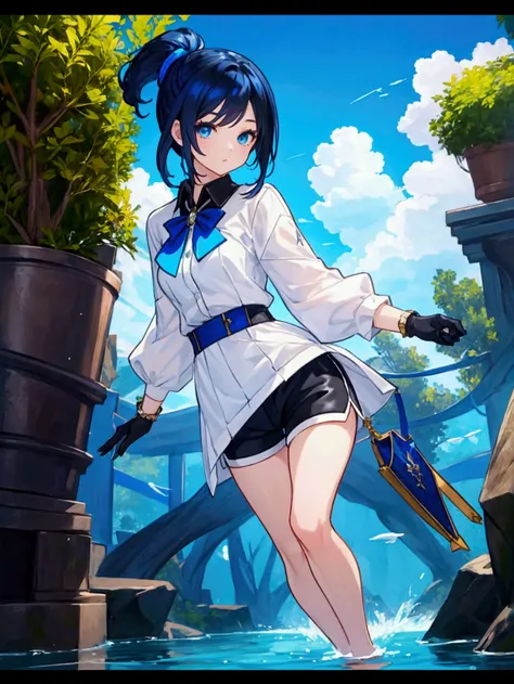 Like a game cover、background（aquarium、 blue sky、blue and black contrast、Date Scene）、 pose（ dynamic ）、 character（Tree Eyes,Sparkling blue eyes）、Hairstyle（ medium hair ,  black and blue hair、 medium hair ,）、clothing（  fashion illustration, white dress date f...