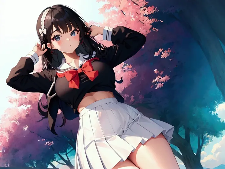 A anime college girl wearing school uniform of an medium school skirt of an thick fabric and an stomach revealing loose white blouse with a losened bow,medium boobs,black hair till hips,slim hand nd leg,really slim waist and thigh,posing by one hand on the...