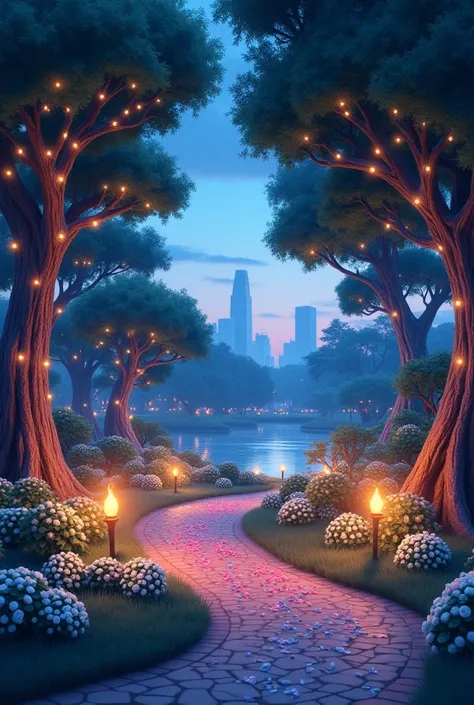 A park with trees in the trees, light bulbs and lights that decorate it, a path of torches and white rose petals., pink and blue scattered along the way and in the end some romantic arrangements with a lake nearby and a city in the background at night