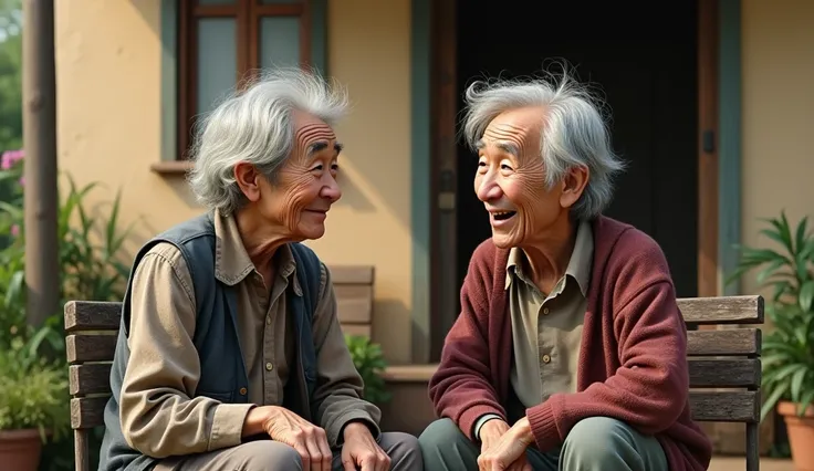 2 elderly people talking to each other sitting outside their house.