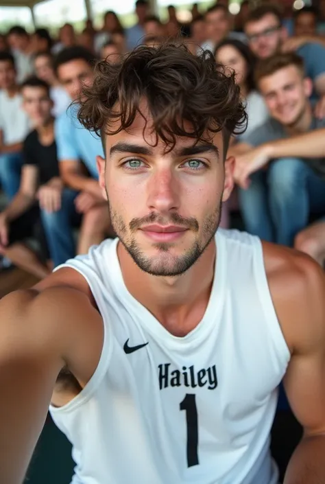 selfie a handsome guy, a young man, 24 years old square face, pale skin, blue eyes, trimmed beard, short curls dark brown hair, muscular in a white kit with the name Hailey on it and the number 1, sitting on with the fans inside the volleyball stadium, sel...