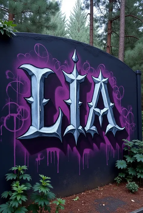 a photo of a graffiti with the name Lia The style is supposed to be gothic with pine trees and purple accents