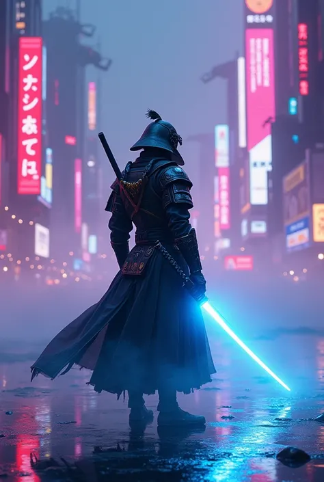 A cyberpunk-inspired scene featuring a lone futuristic samurai. The character wields a glowing katana emitting blue plasma light, their armor blending sleek modern tech with traditional samurai patterns. Surrounding them, a neon-lit city sparkles in vibran...