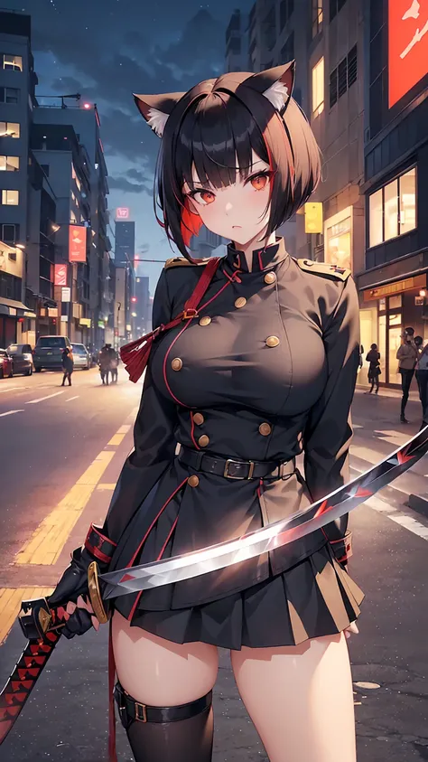 NSFW,spread legs,pussy juice, large penis,                      
1girl is  black hair,streak red hair,cat ears, ((pixie cut,cool girl:1.2)), 28 years old,(( sharp eyes )),gigantic Breasts,(spoken heart),(one katana, military uniform,short skirt  :1.3),(peo...