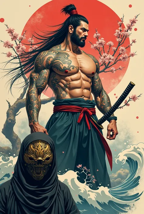  Design of the Japanese God Susanoo , semi-realistic tattoo with anime , mixed with samurai ,  katana and with details in the background of a landscape with a peach tree, And a mask for Mita on her face, Without Beard.