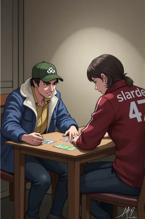 two people were playing cards and one guy was wearing a jacket that said slardeck47 