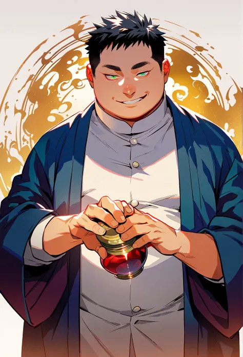 Single,  unique ,  A male, Adults,  black hair,  Green Eyes , Short hair, Slightly fat, Alchemist, Evil smile, Evil, Holding a medicine bottle in hand