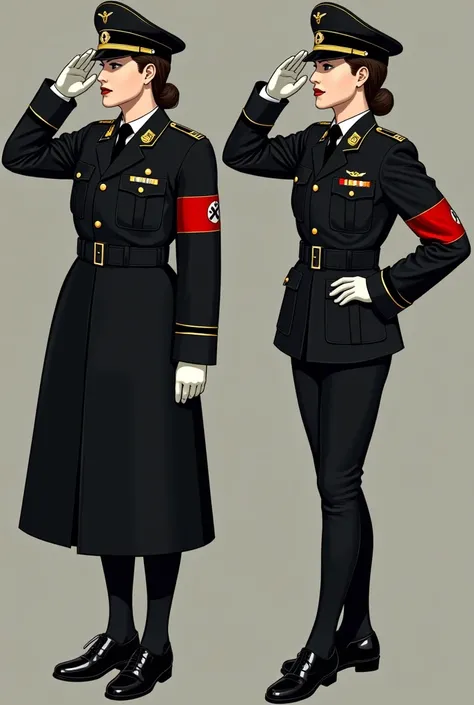 can u generate a picture of what those uniforms  of the axis in world war II would look like in your opinion side by side with the men  and women so I can draw and know the difference? and the only country needed for the assignment is germany and make them...