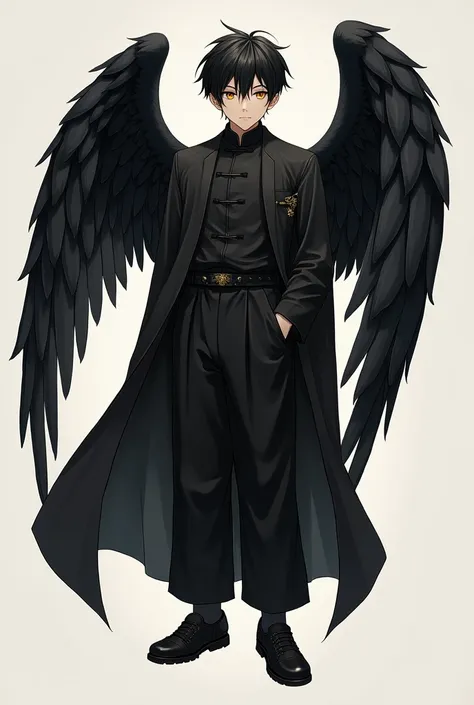  Boy with short black hair frayed , golden eyes,  athletic build ,  with black angel wings , dressed in a long black cover , Chinese black shirt ,  elegant long black pants and black shoes. hyper realistic style .