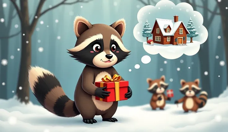 a concerned looking raccoon standing in the snow with three other raccoons slightly behind her. one of the raccoons is carrying a red Christmas present. photorealistic. The concerned looking raccoon has a cartoon "thought bubble" above his head with an ima...