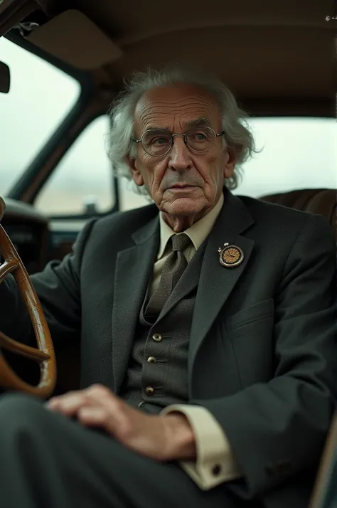 Aged biology teacher in old suit sitting in a car