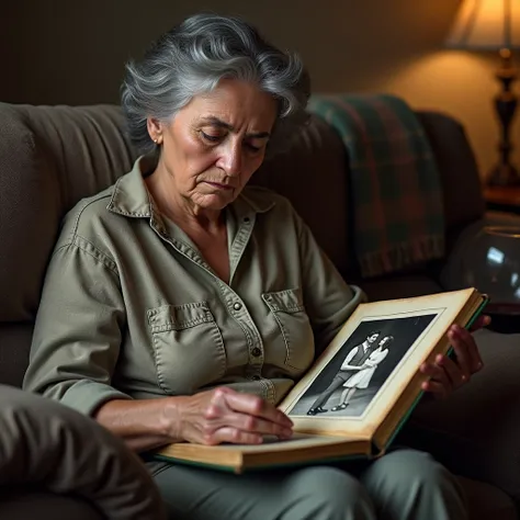 mature woman , with partially gray hair ,сидит на sofaе в одежде, on her knees is an old dusty photo album ,she sees an old black and white photo in an album (( where she is young hugging a young man )) and cries  , looking at her ,Living room of the house...