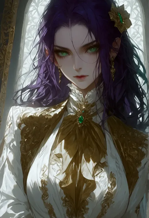 score_9, score_8_up, score_7_up, score_6_up, score_5_up, score_4_up, Arafed, a portrait of an vampire woman, exotic beauty, long hair, purple hair, (emerald green eyes), glamour shot, she wears an (white: 1.3) elegant suit, high heel boots, full body shot,...