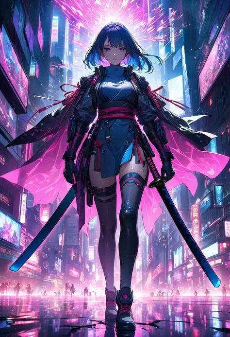 A cyberpunk-inspired scene featuring a lone futuristic woman samurai. The character wields a glowing katana emitting blue plasma light, their armor blending sleek modern tech with traditional samurai patterns. Surrounding them, a neon-lit city sparkles in ...