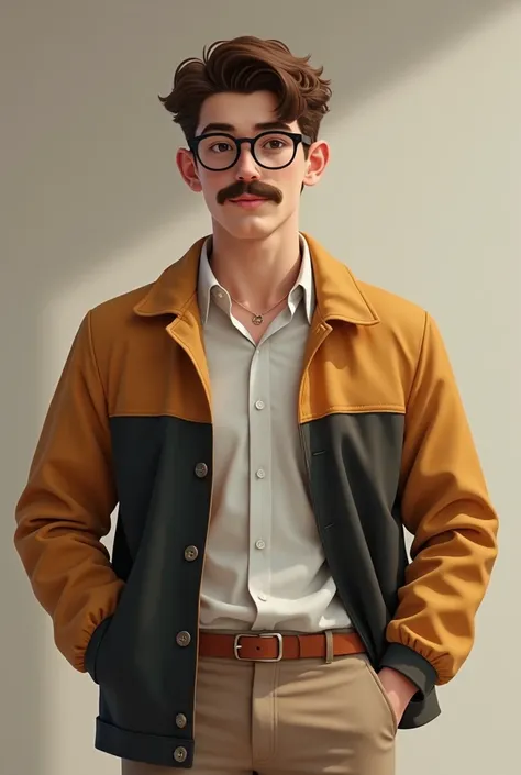  A young man .  With a brown mustache and brown hair  . teacher .  He has a brown blond jacket and a white shirt .  The pants are also light brown  . Growth is high . Wears black-rimmed glasses  . beige leather 