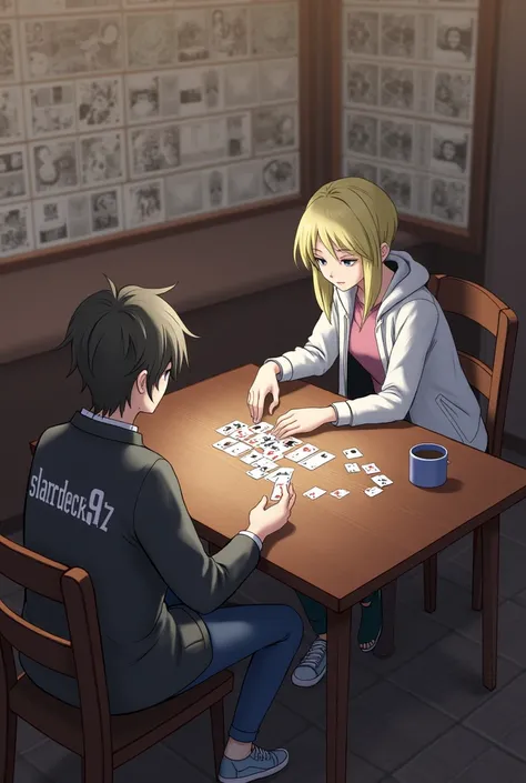 two people were playing cards and one guy was wearing a jacket that said slardeck47 