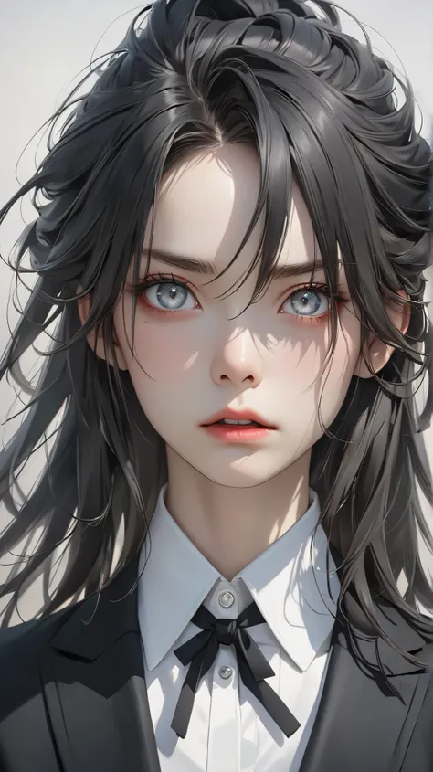 Ultra realistic tuxedos,  long hair,  Serious gray-eyed woman  , emphasizes gorgeous hairstyles/ black hair, bright eyes ,  Strong emotion dwells in the eyes  ,  thin brush 、 Japanese